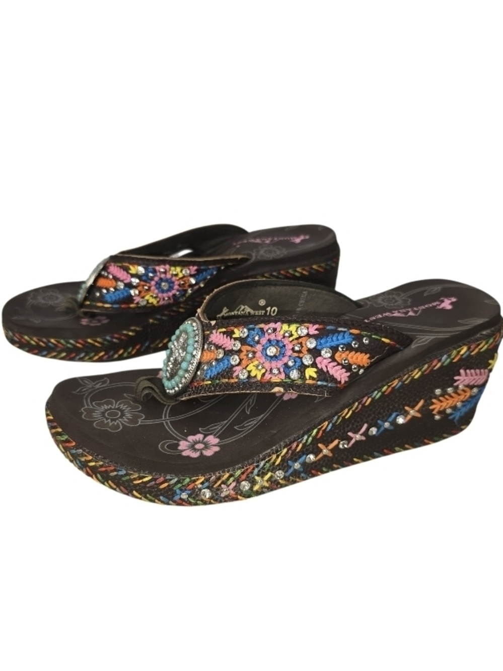MontanaWest Embroidered Ringstones Wedge Platform Flip Flop Sandals 10 Western - Picture 3 of 12